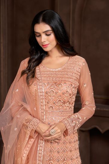 Function Wear Net Fabric Captivating Peach Color Readymade Anarkali Suit