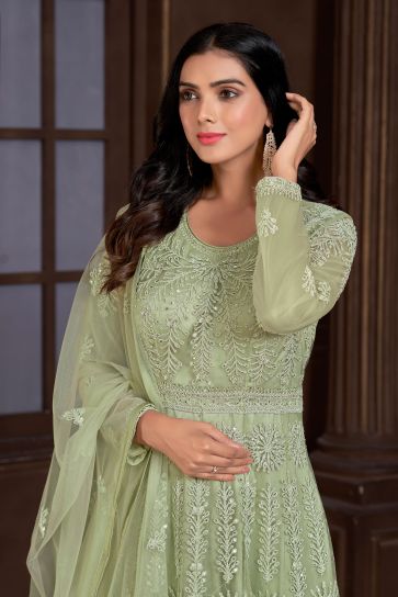 Sea Green Color Net Fabric Glamorous Function Wear Readymade Anarkali Suit