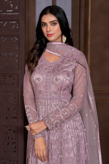Net Fabric Lavender Color Stylish Function Wear Readymade Anarkali Suit