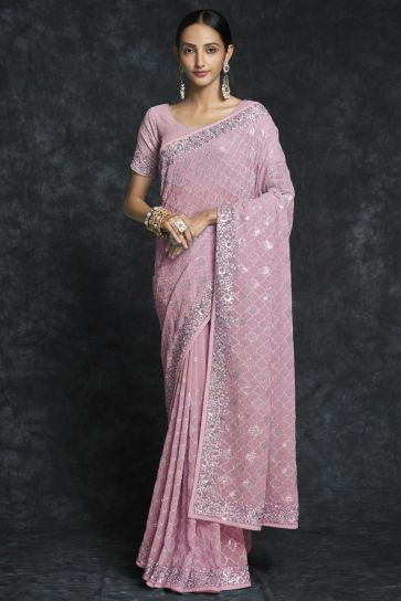 Embroidered Wedding Wear Trendy Pink Saree
