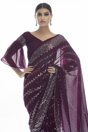 Classic Wine Color Party Look Sequins Work Georgette Saree