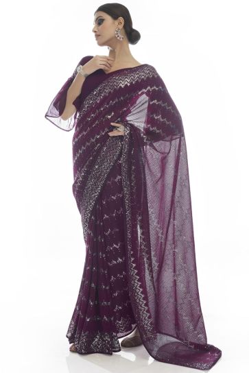 Classic Wine Color Party Look Sequins Work Georgette Saree