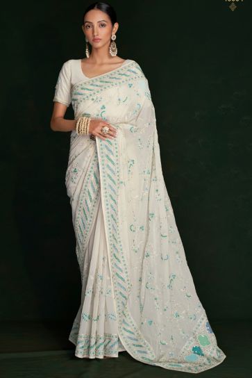 Classic White Georgette Saree with Delicate Lucknowi Work