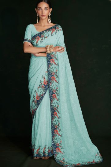 Tempting Cyan Georgette Saree with Exquisite Lucknowi Work