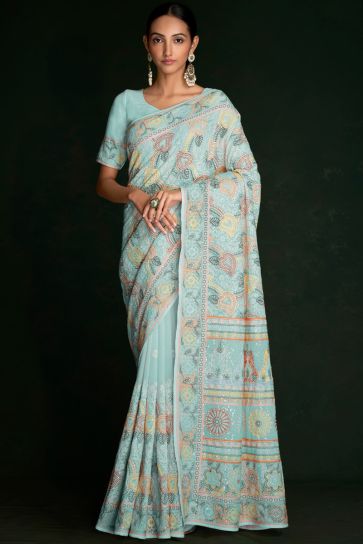 Vibrant Light Cyan Georgette Saree with Rich Lucknowi Work
