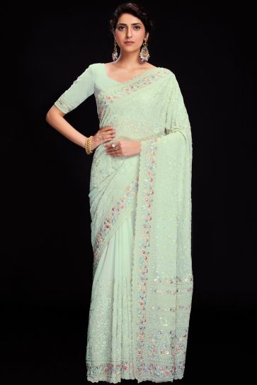 Sea Green Color Sequins Work Fantastic Georgette Saree For Function