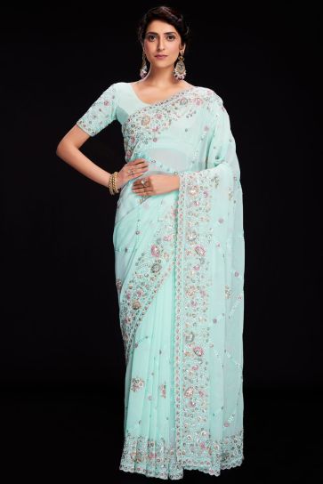 Sky Blue Color Sequins Work Awesome Georgette Saree For Function