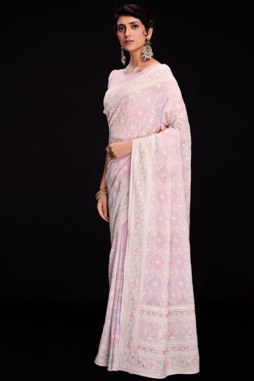 Stunning Sequins Designs Georgette Saree For Function In Pink Color