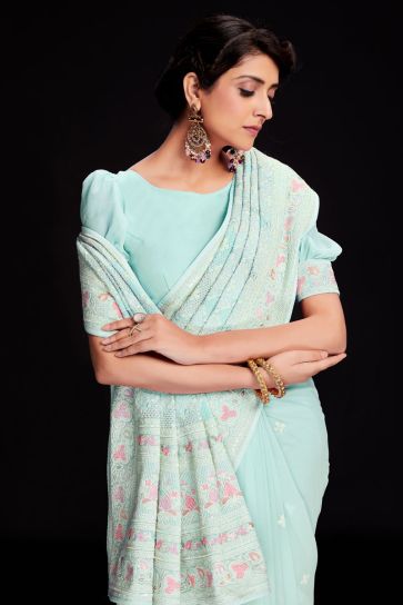 Sequins Work Brilliant Georgette Saree For Function In Light Cyan Color