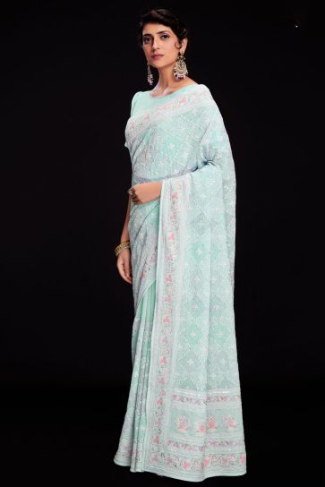 Sequins Work Brilliant Georgette Saree For Function In Light Cyan Color