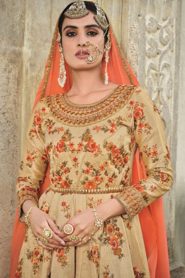 Chikoo Color Festive Wear Heavy Embroidered Designer Anarkali Salwar Kameez In Silk Fabric