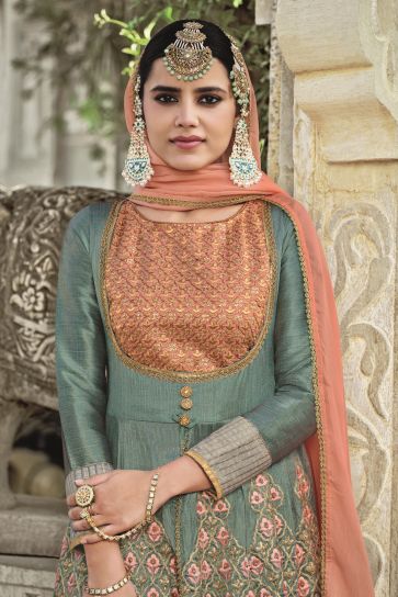 Festive Wear Grey Color Heavy Embroidered Designer Anarkali Salwar Suit In Silk Fabric