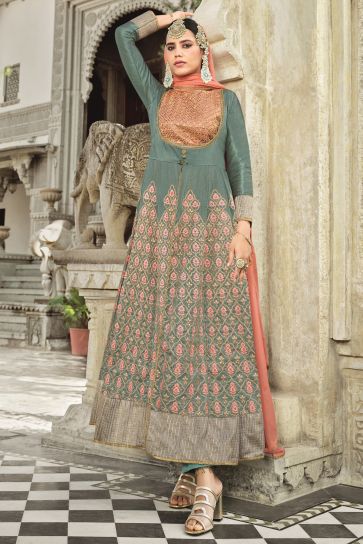 Festive Wear Grey Color Heavy Embroidered Designer Anarkali Salwar Suit In Silk Fabric