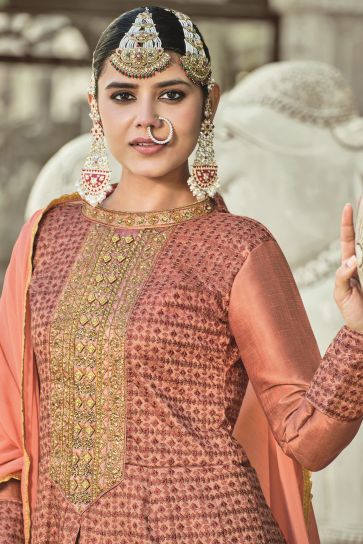 Heavy Embroidered Festive Wear Designer Anarkali Salwar Kameez In Silk Fabric Pink Color