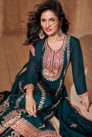 Vartika Singh Teal Color Readymade Silk Fabric Charismatic Palazzo Suit