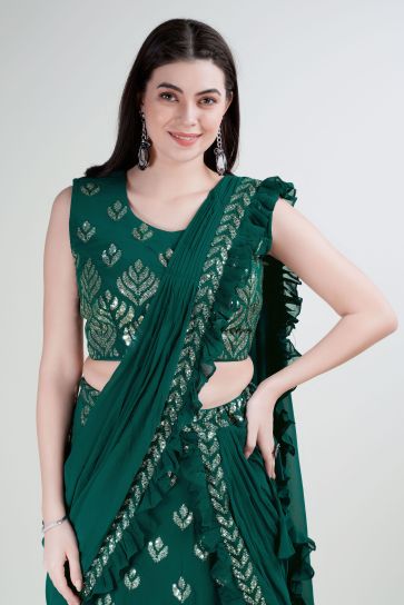 Green Color Georgette Fabric Sequins Work Lehenga For Function