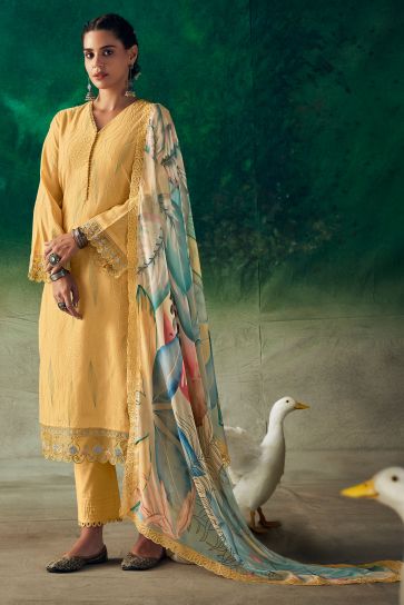Engaging Yellow Color Muslin Fabric Function Wear Salwar Suit 
