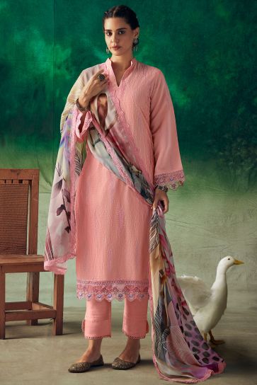 Classic Peach Color Function Wear Salwar Suit In Muslin Fabric