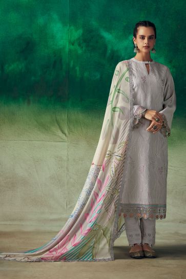 Muslin Fabric Grey Color Function Wear Winsome Salwar Suit