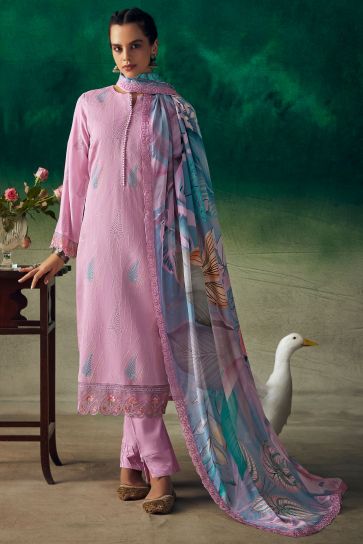 Creative Function Wear Muslin Fabric Salwar Suit In Pink Color