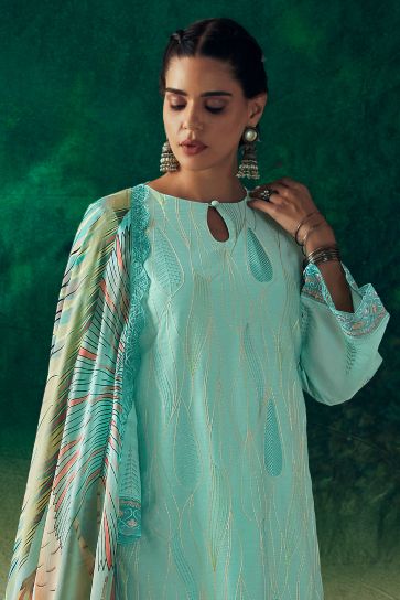 Incredible Muslin Fabric Cyan Color Function Wear Salwar Suit