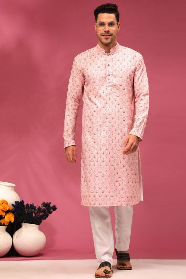 Pink Art Silk Graceful Readymade Men Kurta For Festive Wear