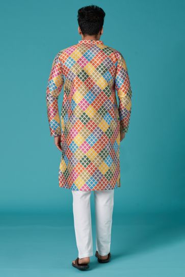 Art Silk Multi Color Function Wear Magnificent Printed Readymade Men Kurta