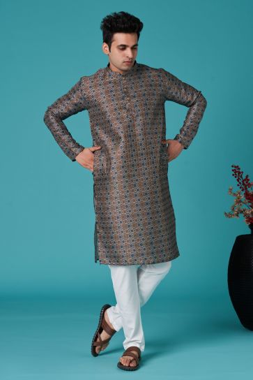 Grey Color Reception Wear Readymade Art Silk Fabric Kurta For Men