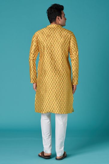 Festive Wear Readymade Kurta For Men In Yellow Art Silk Fabric