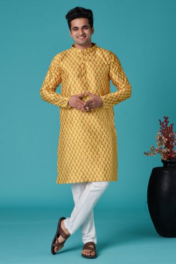 Festive Wear Readymade Kurta For Men In Yellow Art Silk Fabric