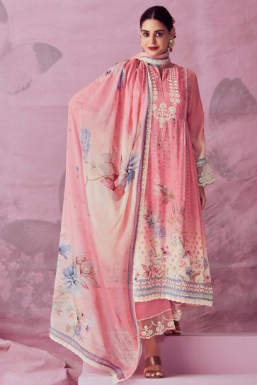 Radiant Pink Color Muslin Fabric Embroidered Salwar Suit