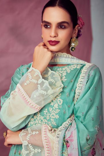 Fascinating Light Cyan Color Muslin Fabric Embroidered Salwar Suit