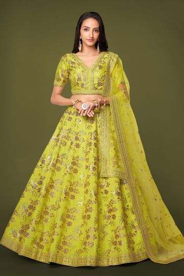 Green Color Art Silk Fabric Embroidered Awesome Lehenga