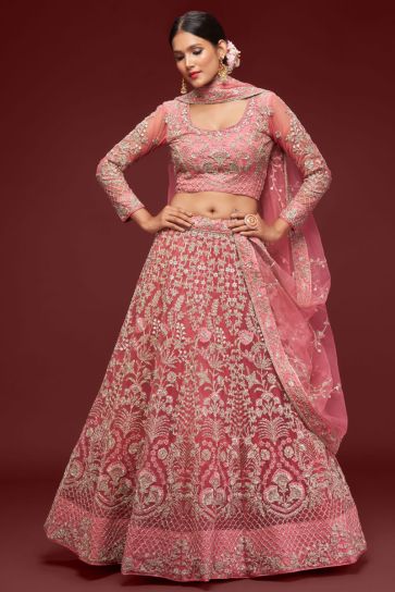 Pink Color Net Fabric Lehenga Choli With Embroidered Work
