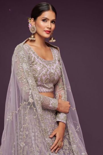 Embroidered Work On Lavender Color Gorgeous Lehenga In Net Fabric