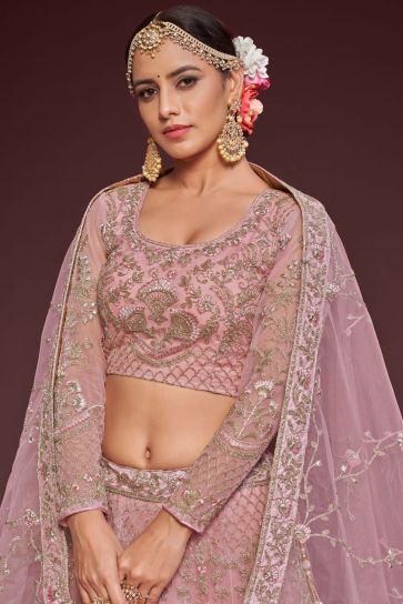 Awesome Embroidered Work On Net Fabric Pink Color Lehenga
