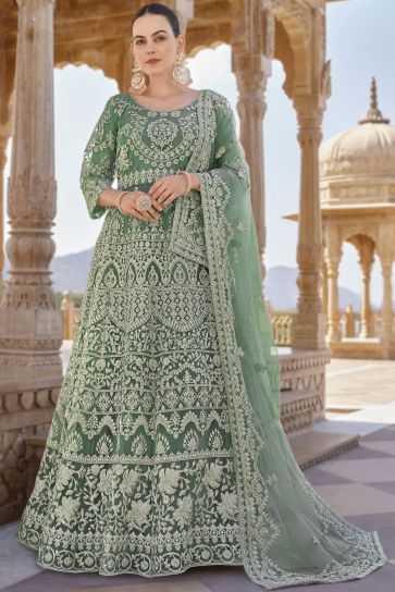 Exclusive Embroidered Work On Sea Green Color Anarkali Suit In Net Fabric
