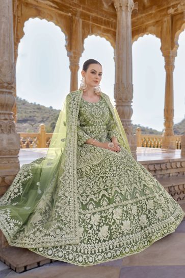Attractive Net Fabric Green Color Anarkali Suit With Embroidered Work
