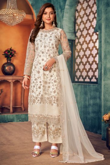 Function Wear Off White Color Embroidered Long Straight Cut Suit In Net Fabric