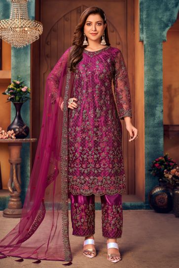 Embroidered Festive Wear Long Straight Cut Salwar Kameez In Net Fabric Magenta Color