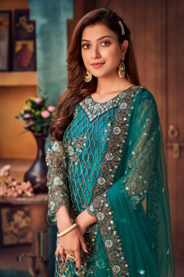 Teal Color Function Wear Embroidered Long Straight Cut Salwar Suit In Net Fabric