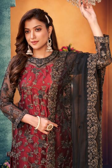 Festive Wear Embroidered Net Fabric Long Straight Cut Suit In Maroon Color