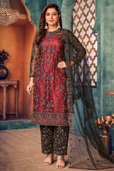 Festive Wear Embroidered Net Fabric Long Straight Cut Suit In Maroon Color
