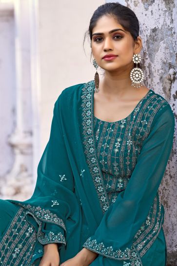 Art Silk Fabric Fancy Embroidered Function Wear Palazzo Salwar Suit In Teal Color