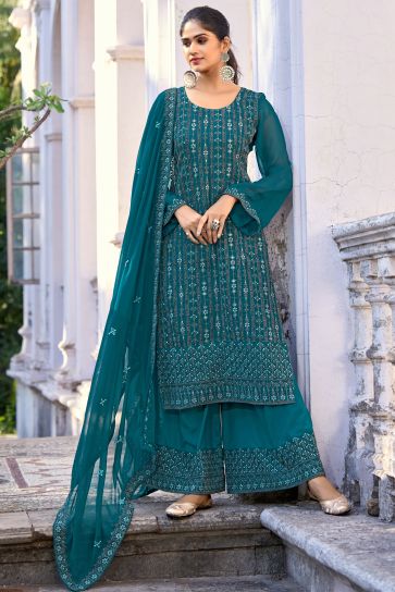 Art Silk Fabric Fancy Embroidered Function Wear Palazzo Salwar Suit In Teal Color