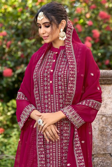Embroidered Sangeet Wear Salwar Kameez In Art Silk Fabric Rani Color