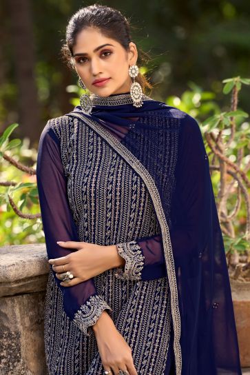 Party Wear Navy Blue Color Embroidered Salwar Suit In Art Silk Fabric