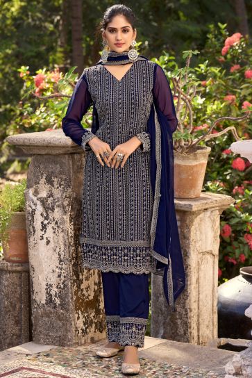 Party Wear Navy Blue Color Embroidered Salwar Suit In Art Silk Fabric