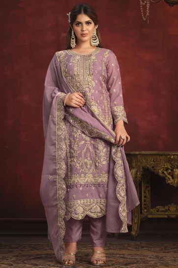 Organza Fabric Party Wear Lavender Color Embroidered Designer Long Suit
