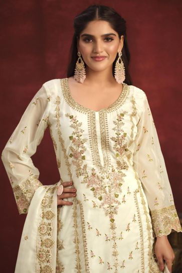 Organza Fabric Off White Color Embroidered Sangeet Wear Designer Long Salwar Kameez